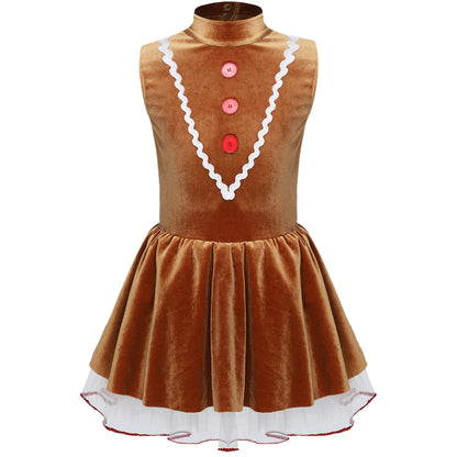 Girls' Gingerbread Man Costume Dress Soft Velvet Cookie Princess Tutu for Christmas, Halloween Cosplay, Ballet, Dance, Holiday Parties and Dress-Up Events