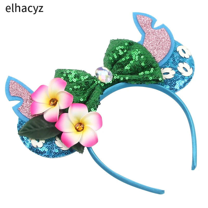 Diadema de orejas de Mickey Mouse de Lilo & Stitch – Lazo de lentejuelas de 5" Accesorio para el cabello de dibujos animados para mujeres y niñas | Diadema para fiestas y festivales