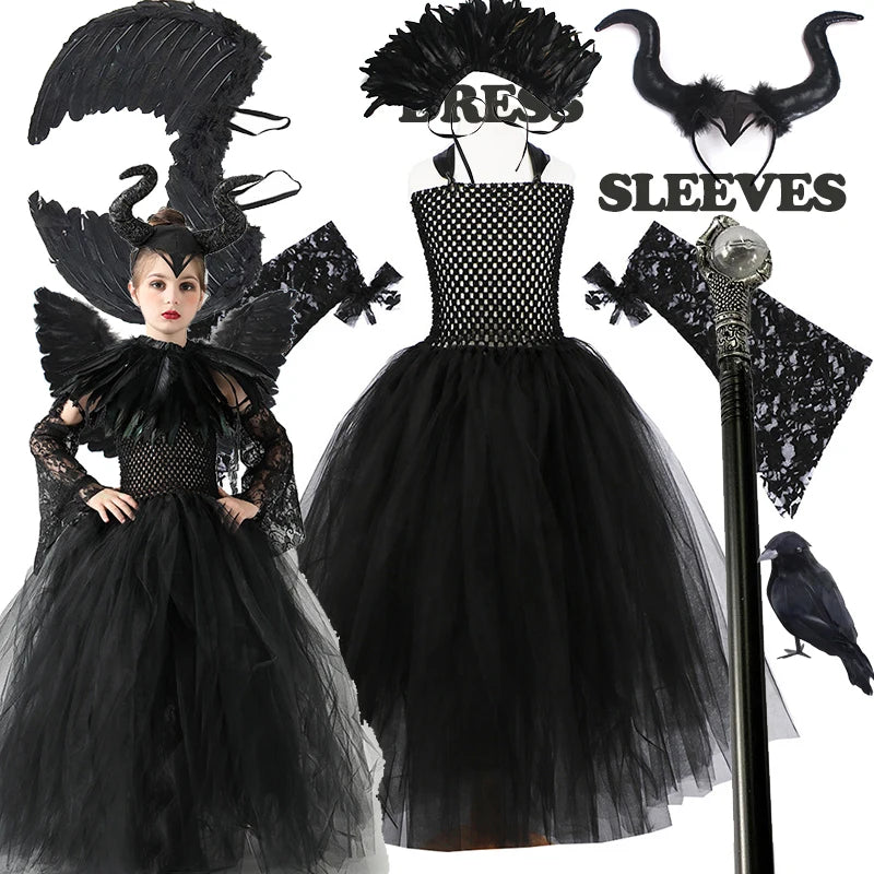 2026 Girls’ Evil Queen Halloween Costume – Black Tulle Mesh Princess Cosplay Dress, Gothic Dress-Up Outfit for Kids’ Halloween Parties