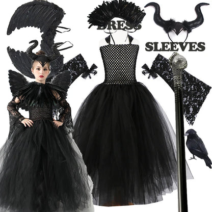 2026 Girls’ Evil Queen Halloween Costume – Black Tulle Mesh Princess Cosplay Dress, Gothic Dress-Up Outfit for Kids’ Halloween Parties