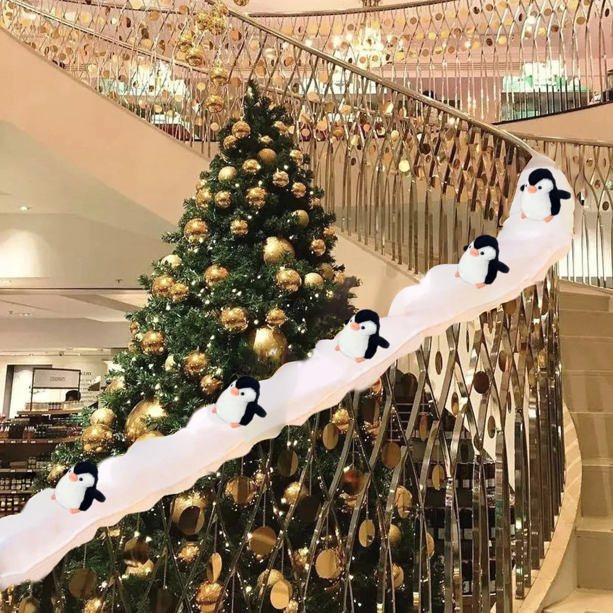 Christmas Staircase Decoration Set – Faux Snow Cotton Carpet with Sliding Penguins, DIY Holiday Decor for Stairs, Banisters & Indoor Christmas Displays