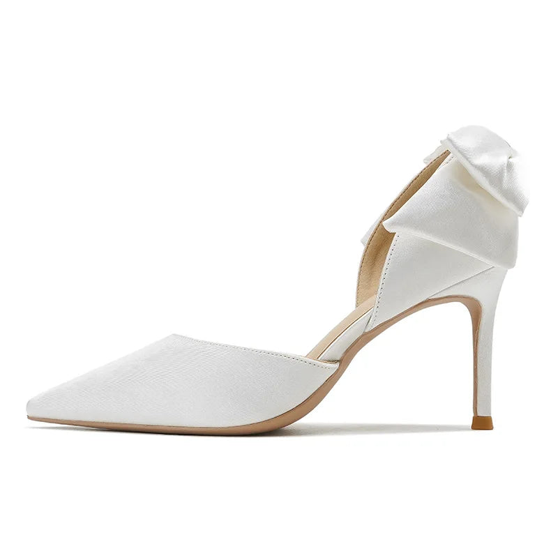 Zapatos de tacón de aguja con lazo de satén para mujer, elegantes, de punta fina, para boda