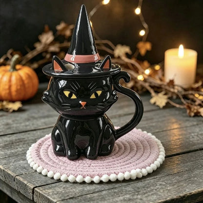 Black Cat Halloween Ceramic Mug – Cute Witch Hat Lid Coffee & Tea Cup for Home, Dorm & Parties, Cat Lover Gift