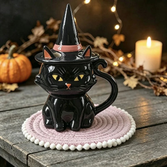 Black Cat Halloween Ceramic Mug – Cute Witch Hat Lid Coffee & Tea Cup for Home, Dorm & Parties, Cat Lover Gift