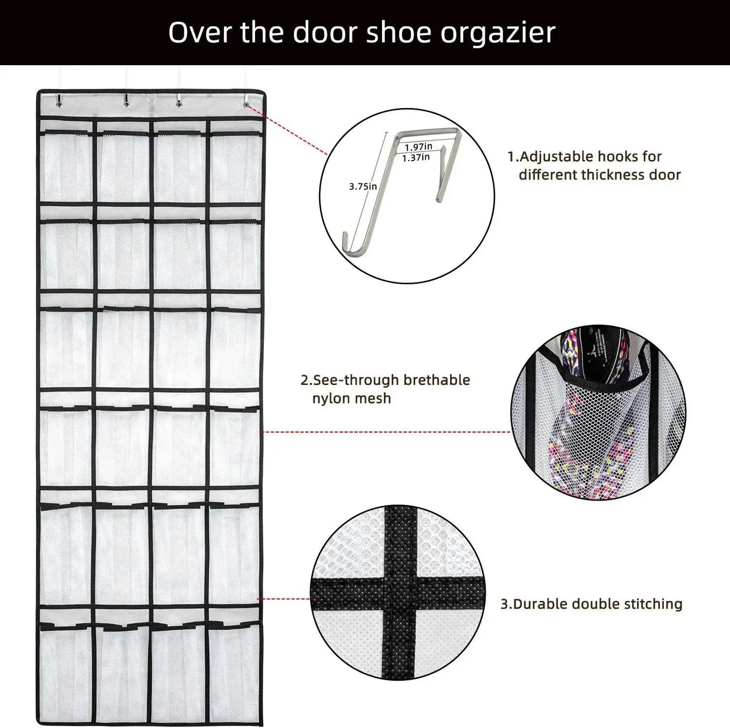 Over-the-Door Shoe Organizer - 12, 14 or 24 Pocket Hanging Shoe Storage with Large Mesh Pockets & 4 Hooks