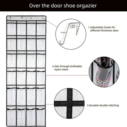Over-the-Door Shoe Organizer - 12, 14 or 24 Pocket Hanging Shoe Storage with Large Mesh Pockets & 4 Hooks