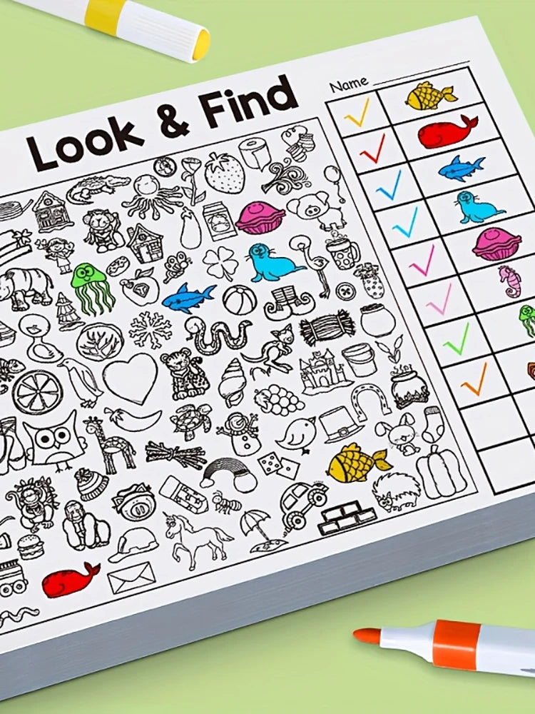 Livre d'activités interactif de cherche-et-trouve à colorier – Livre de puzzles d'objets cachés pour enfants avec des jeux de cherche-et-trouve, des exercices d'association, des pages de coloriage créatives et des activités d'apprentissage éducatives