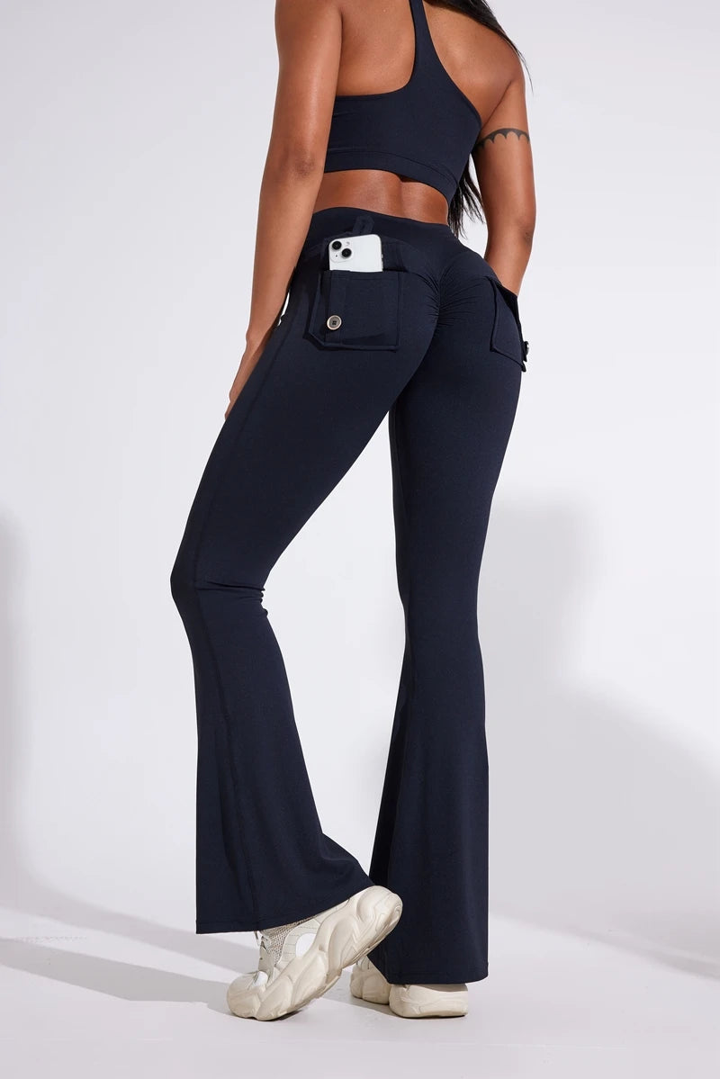 DIAS FIT JOY Pantalon de yoga évasé taille haute pour femme – Legging patte d'éléphant push-up avec poches, pantalon d'entraînement à séchage rapide pour la course, la gym, le fitness et l'exercice