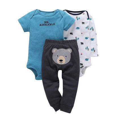 3PCS Baby Bodysuit Set – Soft Cotton Long & Short Sleeve Infant Rompers with Comfortable PP Pants for Baby Boys & Girls