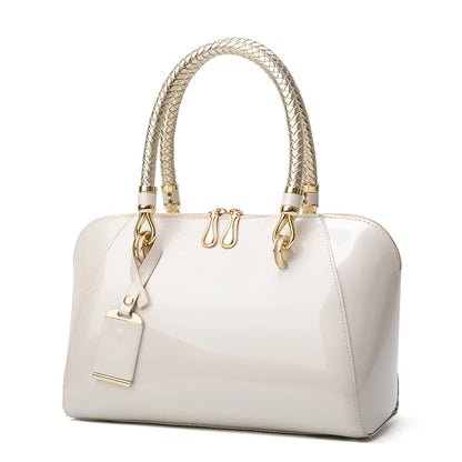Women's Luxury Shiny Leather Boston Bag – Elegant Top-Handle Handbag in Blue, Red, Black, Beige & Pink, Fashion Shoulder Purse
