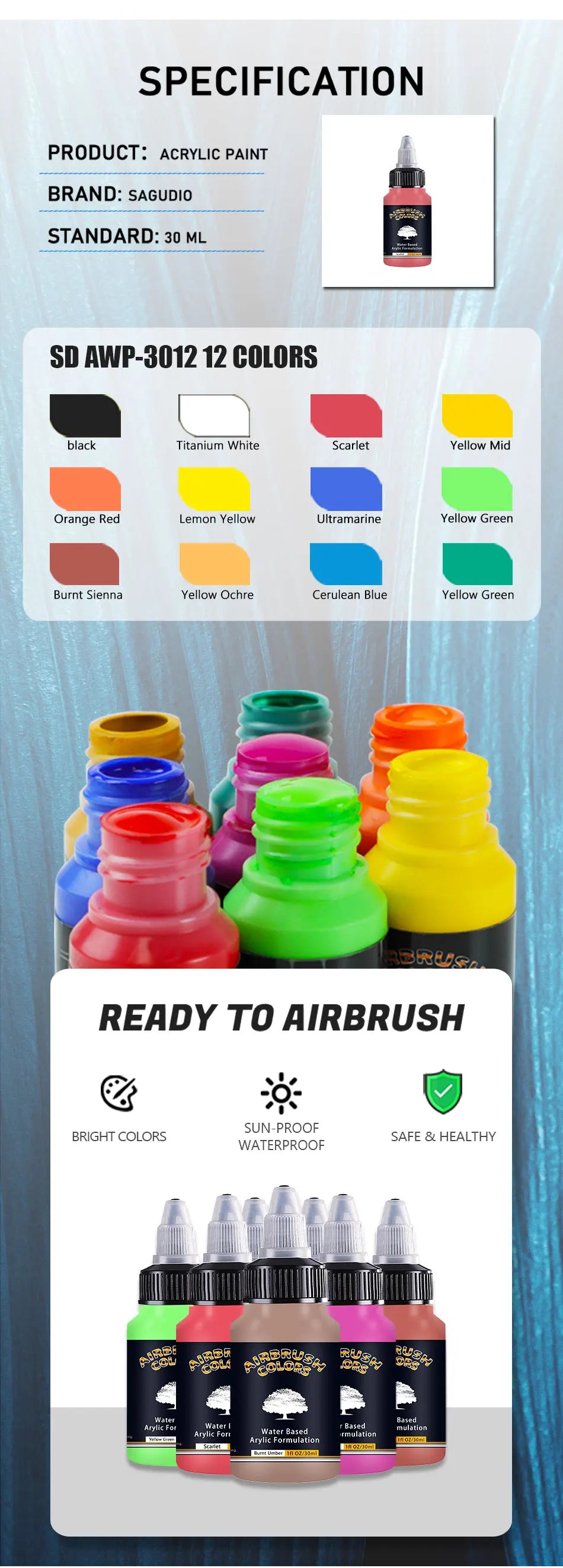 Airbrush Paint Set – 12/24 Colors Water-Based Acrylic Spray Paint (30ml) for DIY Nails, Model & Art Painting Kit