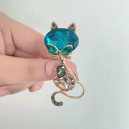 Retro Green Kitten Crystal Brooch Set – Personalized Vintage Cat Flower Chest Pin, Fashion Jewelry Accessory & Gift for Women
