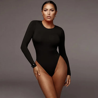 Women O-Neck Long Sleeve Bodysuit – Solid Color Sexy Casual Streetwear Body Top (White/Black/Gray)