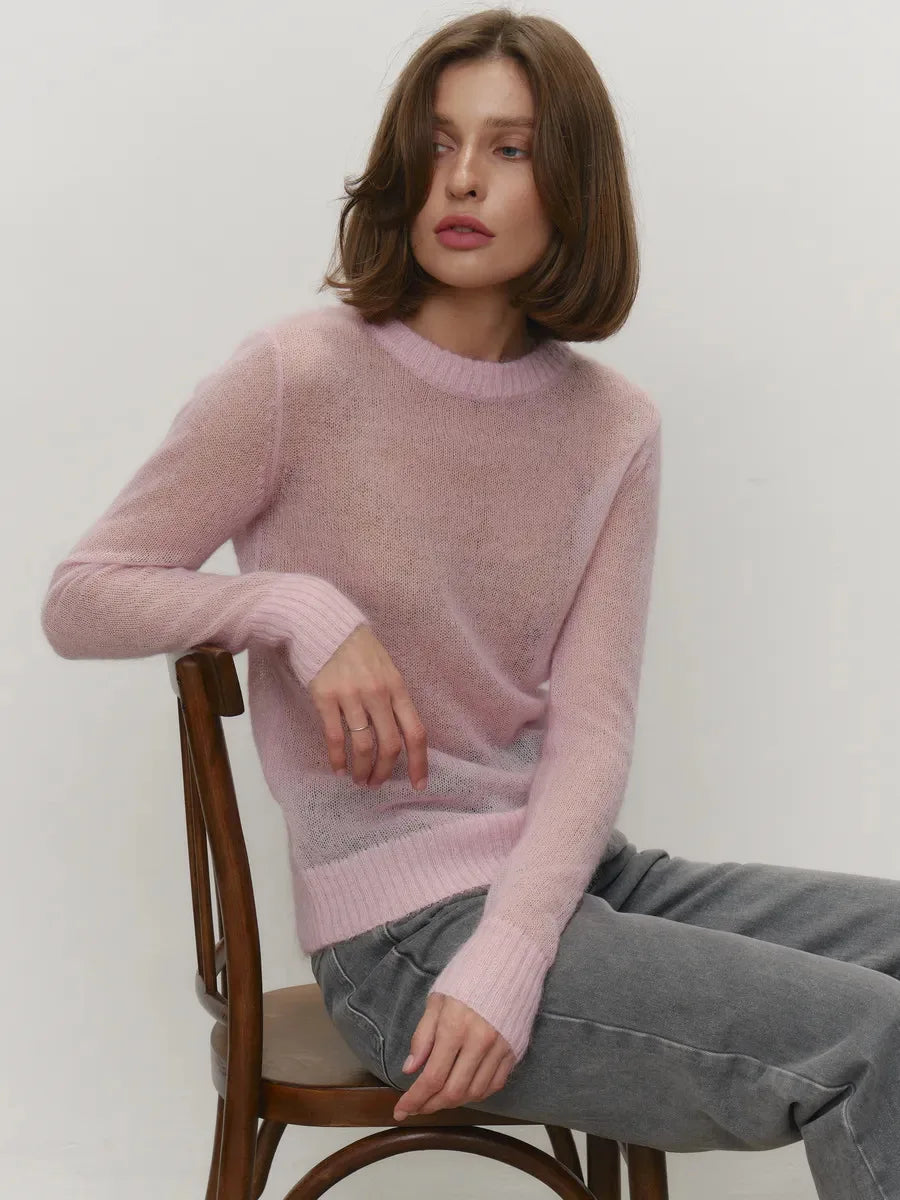 Women’s Classic Mohair Knitted Sweater Top Spring Summer Loose O-Neck Micro Sheer Cool Knit Shirt