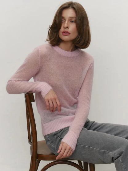 Women’s Classic Mohair Knitted Sweater Top Spring Summer Loose O-Neck Micro Sheer Cool Knit Shirt
