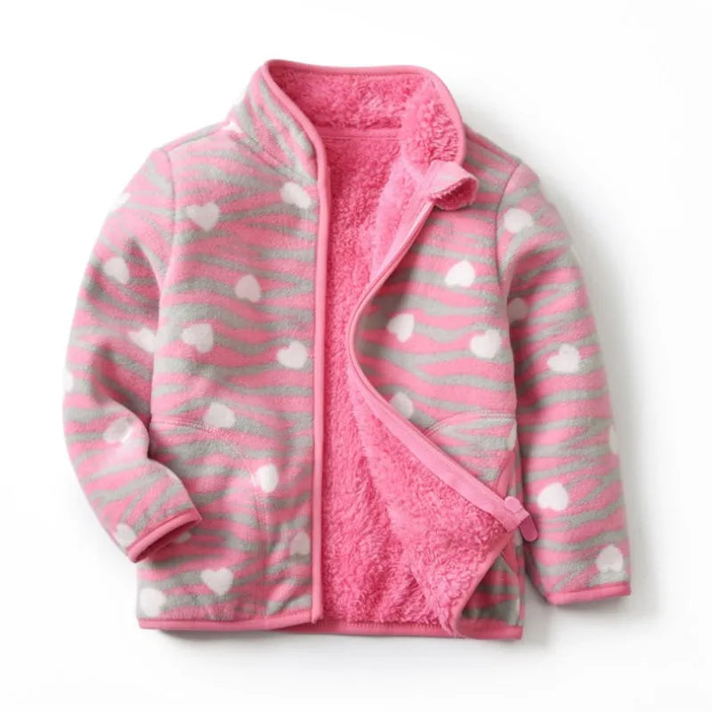 Girls Heart Print Fleece Jacket 2-8T, Cute Thick Winter Coat with Zipper, Warm Baby and Toddler Outerwear for Cold Weather