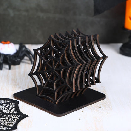 Halloween Spider Web Placemat and Coaster Set, Wooden Spider Web Table Decor with Storage Base, Gothic Halloween Party Table Accessories, Spooky Home Decoration and Party Supplies