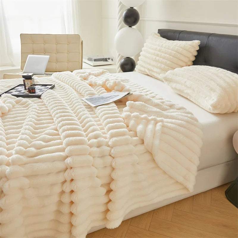 Soft Fluffy Throw Blanket – 250 GSM Warm Striped Blanket for Bed, Sofa & Couch