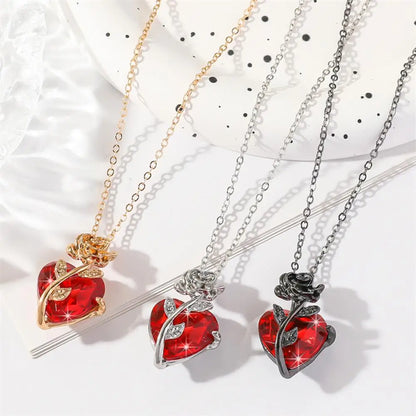 Dark Red Faux Crystal Rose Pendant Necklace – Love Heart Flower Choker for Women, Gothic Punk Jewelry for Dating, Banquets & Daily Wear