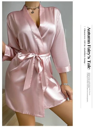 Women’s Summer Ice Silk Robe – Sexy Lace-Up Bathrobe Morning Gown Home Dress Loungewear