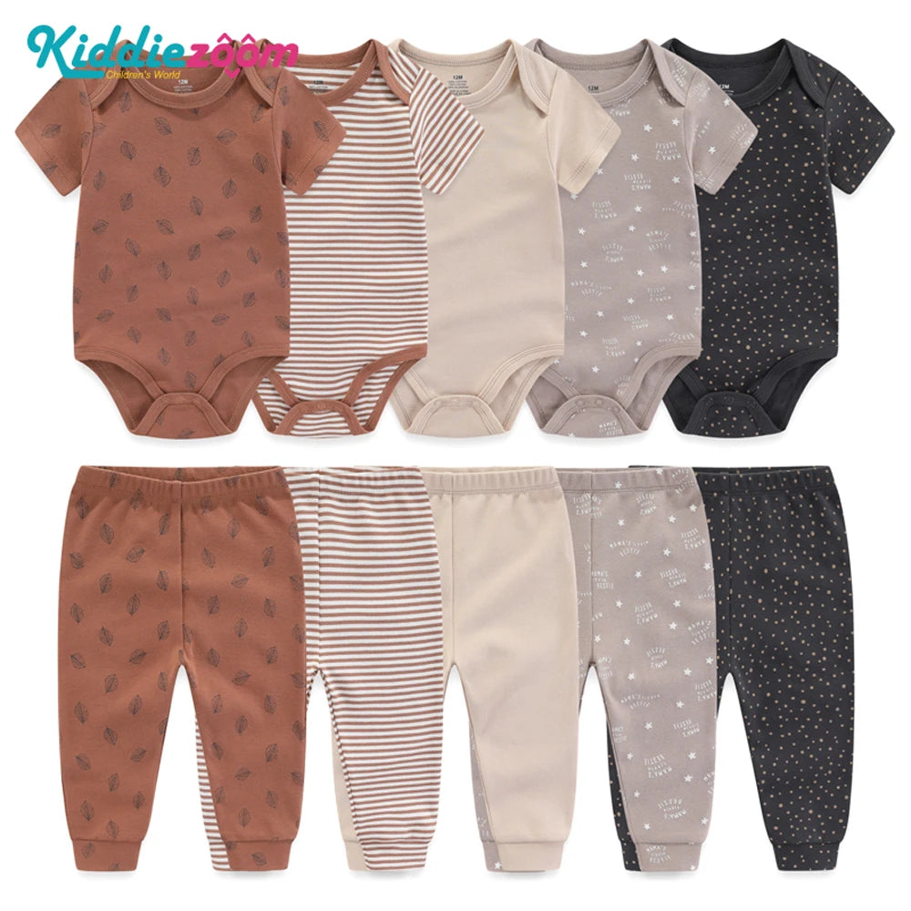 Kiddiezoom 10PCS Baby Clothing Set – Unisex Newborn Bodysuits & Pants, Soft Four-Season Infant Outfit for Baby Boys & Girls