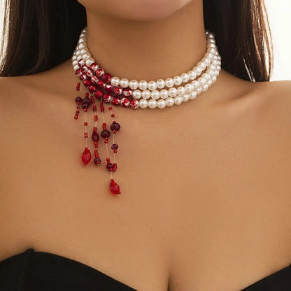 DIEZI Gothic Multilayer Red Blood Pearl Choker Necklace – Vintage Crystal Beaded Statement Jewelry for Women, Halloween & Gothic Parties