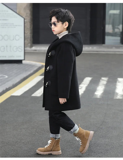 Boys Winter Wool Coat with Hood, Warm Cotton-Padded Single-Breasted Jacket, Solid Color Children’s Fashion Parka and Cold Weather Outerwear