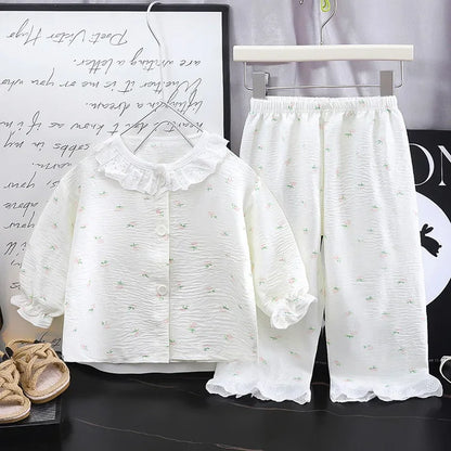 Conjunto de pijama de encaje floral para niñas – Traje de dormir de princesa de manga larga holgado con pantalones para niños