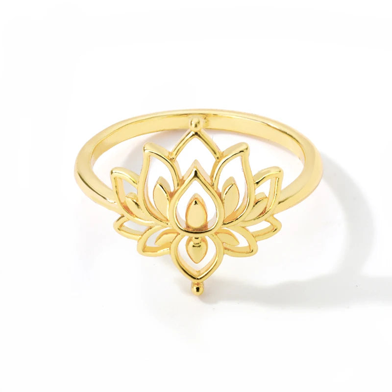 Gold Stainless Steel Lotus Flower Opal Ring – Vintage Oval Stone Statement Ring for Women | Elegant Fashion Jewelry Gift
