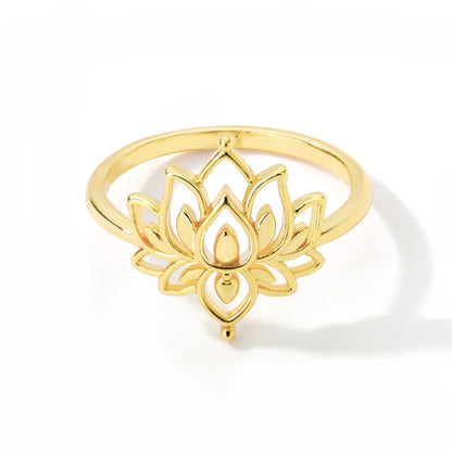 Gold Stainless Steel Lotus Flower Opal Ring – Vintage Oval Stone Statement Ring for Women | Elegant Fashion Jewelry Gift