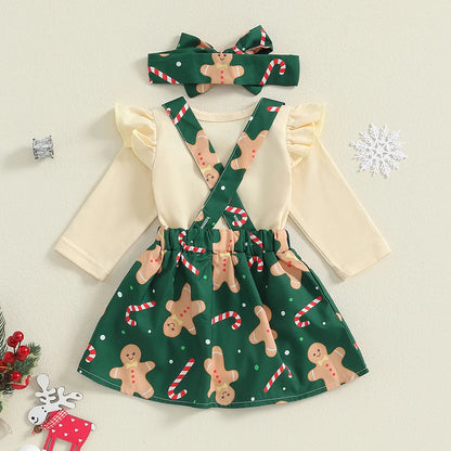 Baby Girl Christmas Outfit Set – Ruffle Long-Sleeve Romper with Santa, Gingerbread & Striped Suspender Skirt, Headband