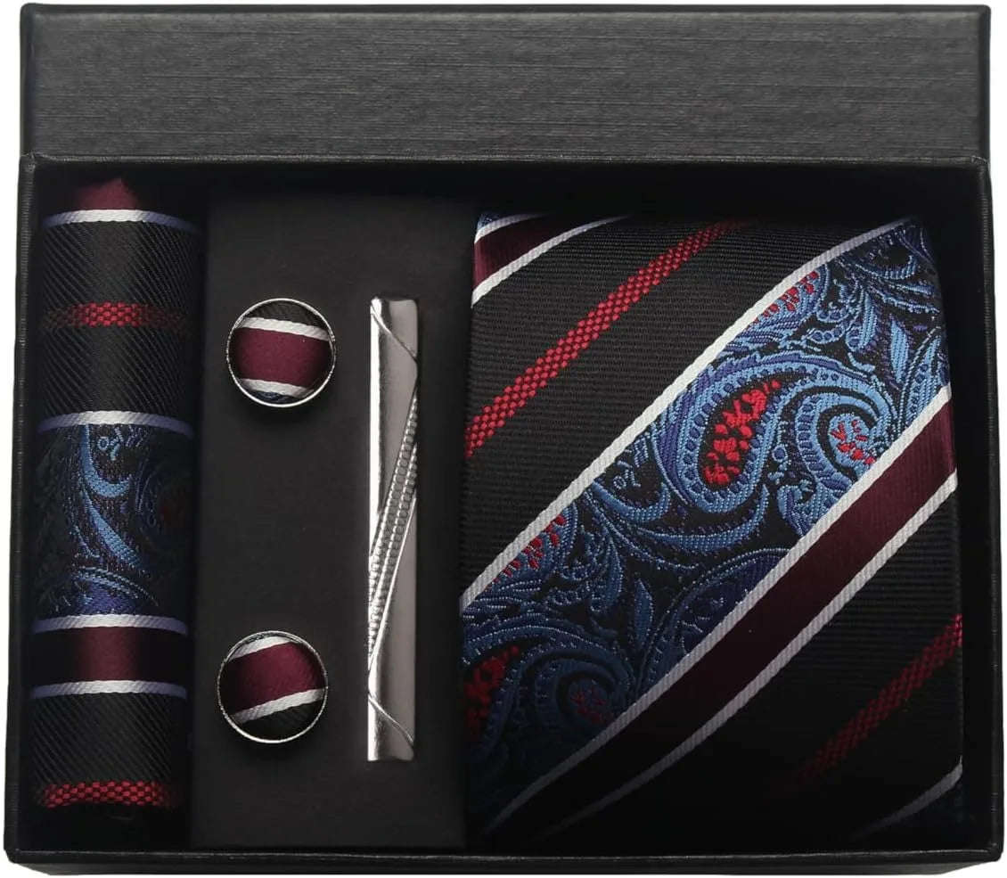 Corbata de seda 100% con diseño floral de Paisley para hombre con pañuelo de bolsillo, pasador de corbata y gemelos en caja de regalo