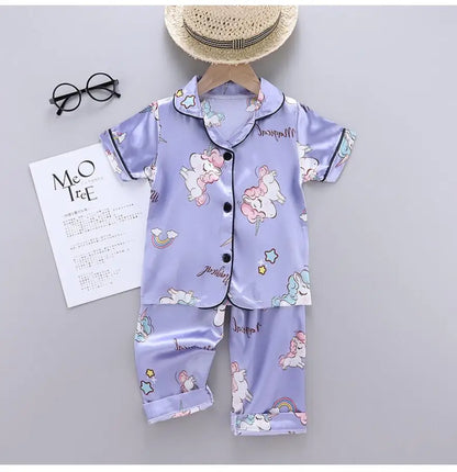 Conjunto de Pijama de Verano para Niñas – Conjunto de Pijama de Satén de Unicornio de Dibujos Animados de 2 Piezas | Ropa de Dormir Suave para Niños Pequeños con Aire Acondicionado