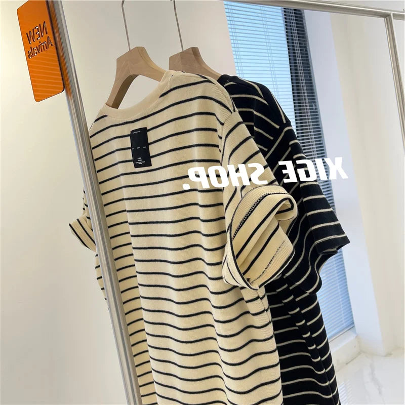 Women’s Korean Style Oversize Striped T-Shirt Loose Casual Short Sleeve Cotton Summer Commute Top