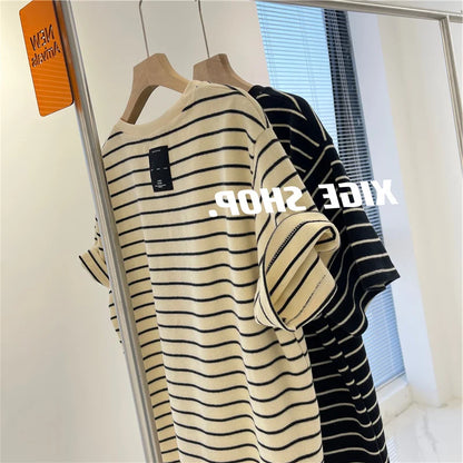 Women’s Korean Style Oversize Striped T-Shirt Loose Casual Short Sleeve Cotton Summer Commute Top