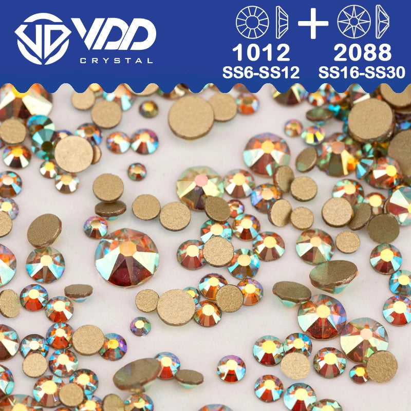 VDD Piedras Preciosas de Cristal Doradas de Fondo Plano – 2088 Cristales de Strass para Arte de Uñas, Manualidades y Decoraciones DIY