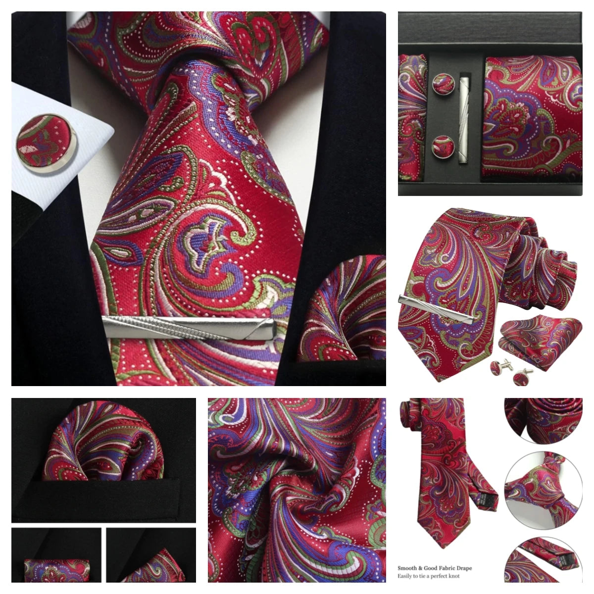 Corbata de seda 100% con diseño floral de Paisley para hombre con pañuelo de bolsillo, pasador de corbata y gemelos en caja de regalo