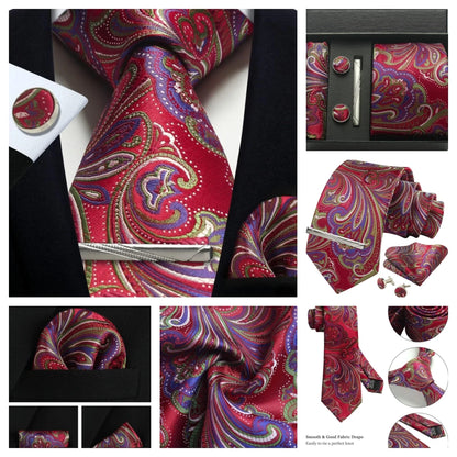 Corbata de seda 100% con diseño floral de Paisley para hombre con pañuelo de bolsillo, pasador de corbata y gemelos en caja de regalo