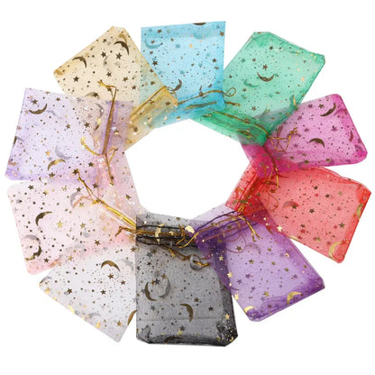 Bolsas de regalo de organza con estrellas y lunas de 25/50 piezas – Bolsitas de joyería con cordón dorado para recuerdos de boda, regalos de fiesta, empaques de dulces y almacenamiento de accesorios pequeños