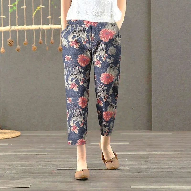 Pantalones Harlan de Verano para Mujer de Lino y Algodón, de Cintura Alta, Sueltos, Delgados, Estampados, Informales, tipo Farol, de Nueve Puntos con Bolsillos