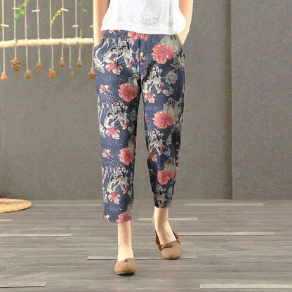 Pantalones Harlan de Verano para Mujer de Lino y Algodón, de Cintura Alta, Sueltos, Delgados, Estampados, Informales, tipo Farol, de Nueve Puntos con Bolsillos
