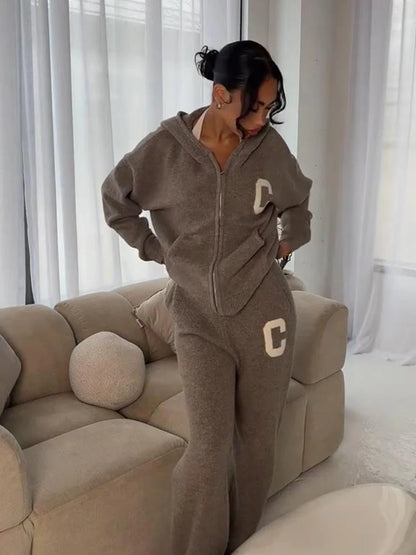 Women’s Hooded Knit Tracksuit 2-Piece Set – Casual Knitted Jacket & Pants Trousers, Cozy Two-Piece Outfit for Everyday Wear