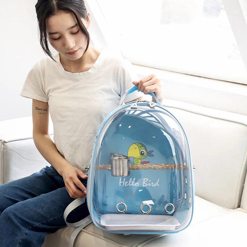 Transparent Bird Carrier Backpack – Portable Birdcage with Perch Platform & Food Cup for Parrots, Cockatiels, Budgies & Lovebirds