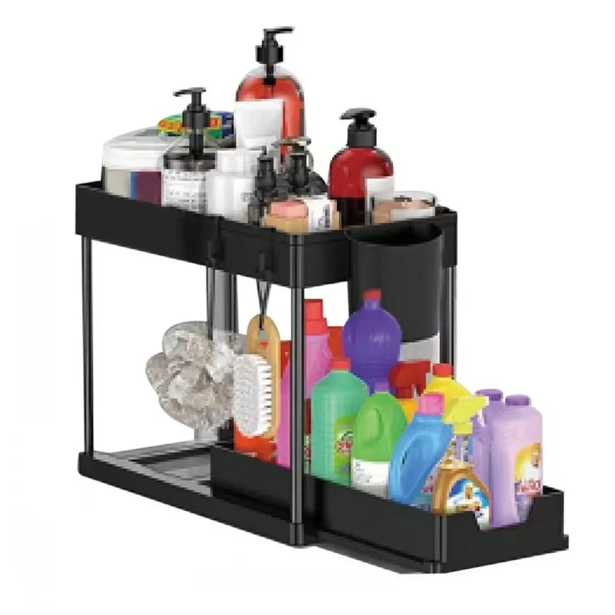 2-Tier Pull Out Under Sink Organizer – Slide-Out Cabinet Storage Rack with Hooks & Cups for Kitchen & Bathroom