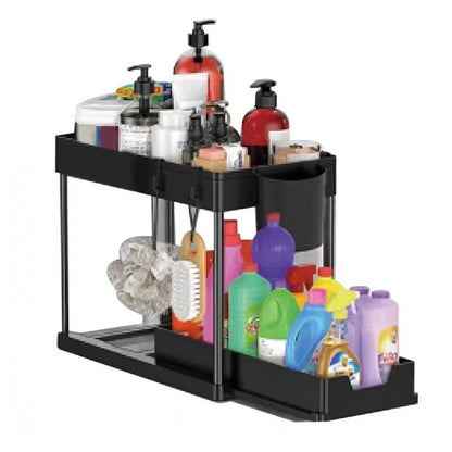 2-Tier Pull Out Under Sink Organizer – Slide-Out Cabinet Storage Rack with Hooks & Cups for Kitchen & Bathroom