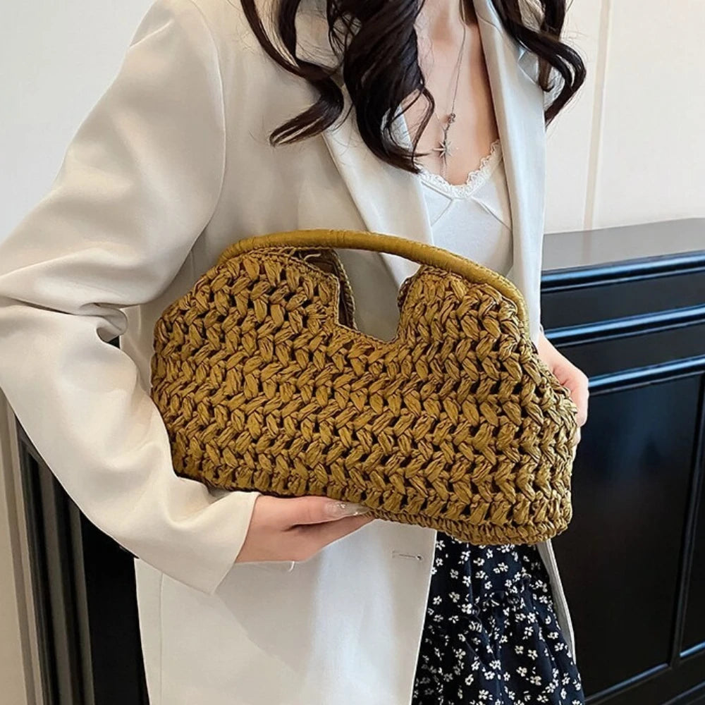 Bolso de playa de lujo de paja tejida para mujer - Bolso de mano de ratán de moda, Bolso de mano de verano para viajes, vacaciones, compras y salidas casuales, Bolso tejido a mano inspirado en el diseñador