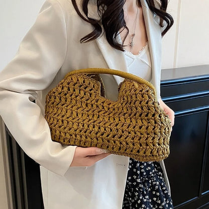 Bolso de playa de lujo de paja tejida para mujer - Bolso de mano de ratán de moda, Bolso de mano de verano para viajes, vacaciones, compras y salidas casuales, Bolso tejido a mano inspirado en el diseñador