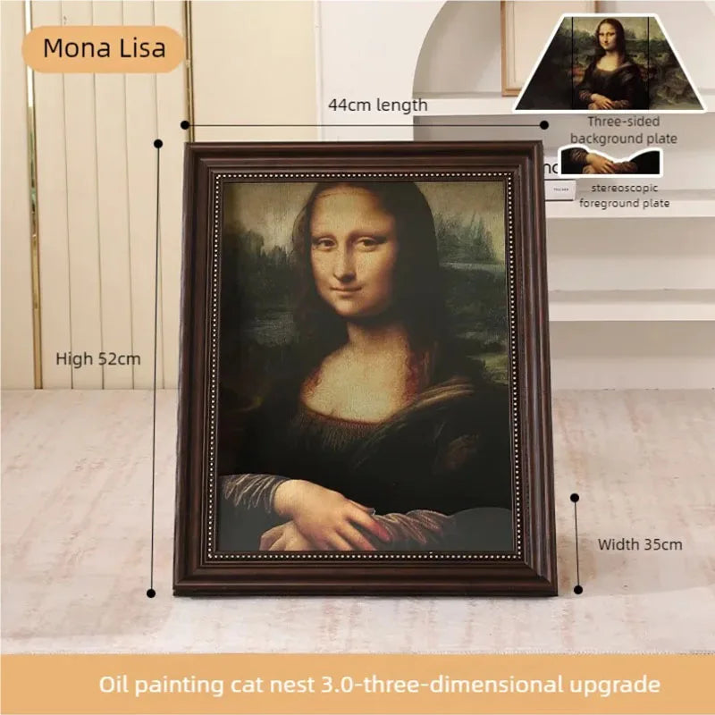 Mona Lisa-Inspired Cat Bed – Replaceable Oil Painting Design Cat Scratch Board & Photo Frame, Creative Wall Decor for Cat Lovers