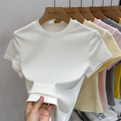 Zjaiss 2026 T-shirt col rond mode été sexy basique uni à manches courtes pour femme style coréen décontracté streetwear