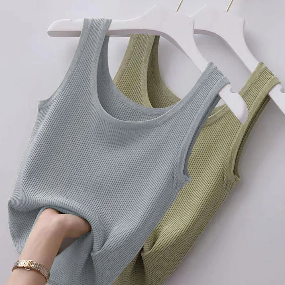 Haut court décontracté basique en tricot à col en U sans manches et de couleur unie pour femme, idéal pour l'automne